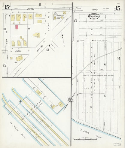 Sanborn Fire Insurance Map from Palatka, Putnam County, Florida (1924), Sheet #0015 - Complete Map Set gallery image, historic Sanborn map, vintage wall art, Florida Florida