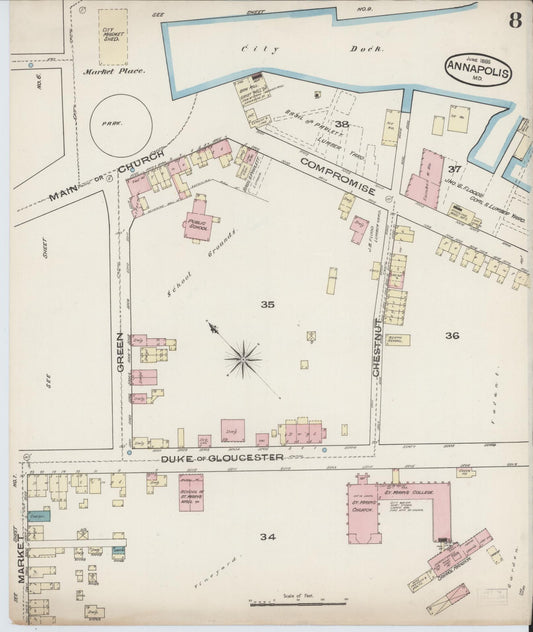 Sanborn Fire Insurance Map from Annapolis, Anne Arundel County, Maryland (1885), Sheet #0008 - Historic Sanborn Fire Insurance Map Print, vintage old map wall art, antique decor, genealogy gift, Maryland Maryland map