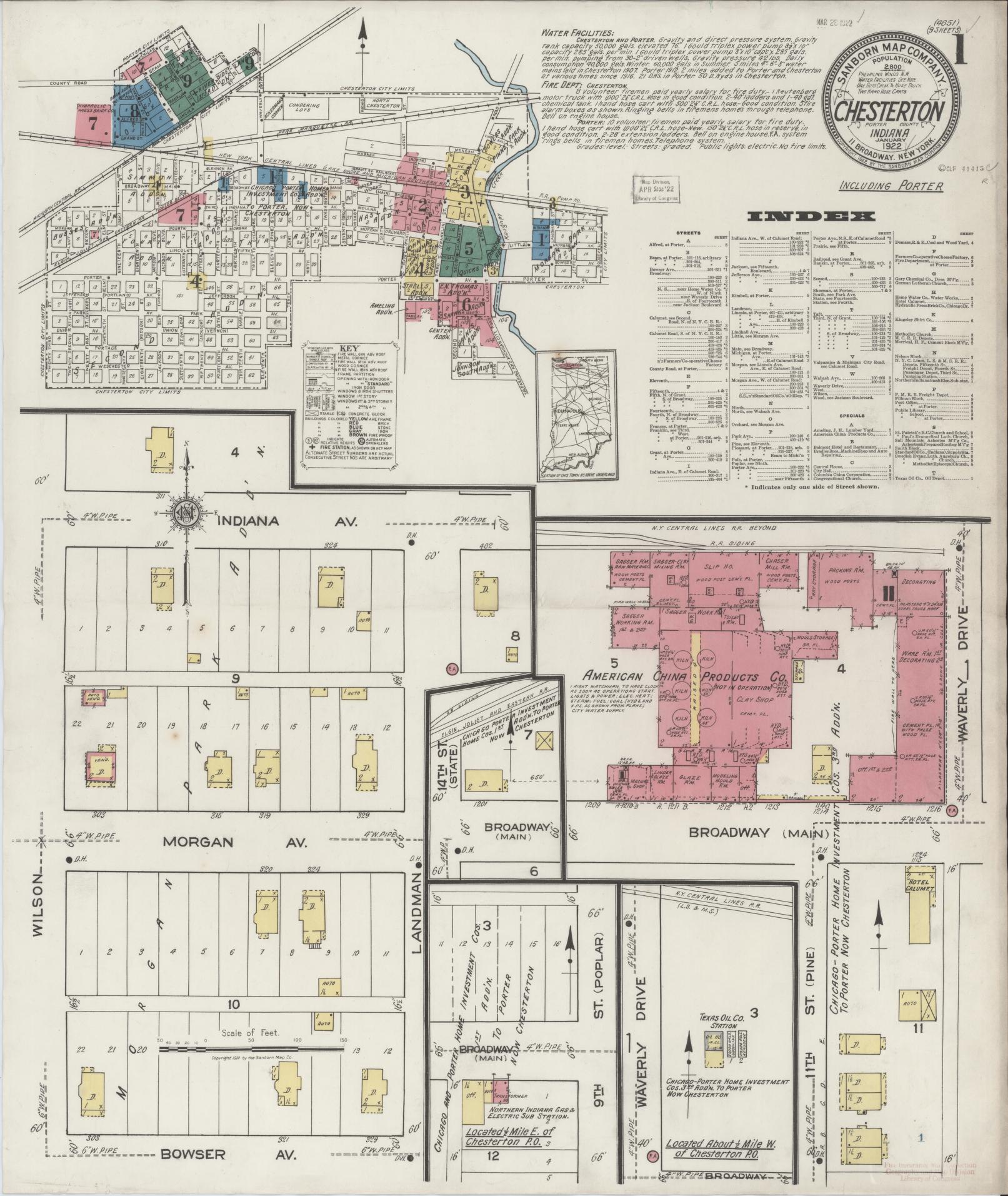 Sanborn Fire Insurance Map from Chesterton, Porter County, Indiana (1922), Sheet #0001 - Historic Sanborn Fire Insurance Map Print, vintage old map wall art, antique decor, genealogy gift, Indiana Indiana map