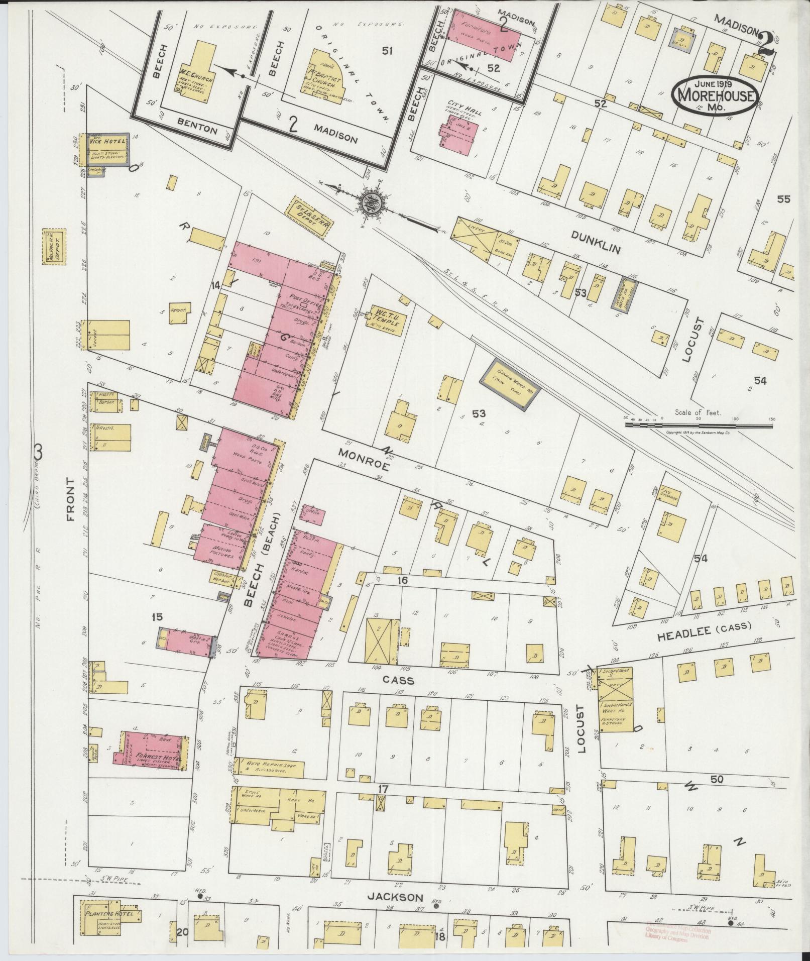 Sanborn Fire Insurance Map from Morehouse, New Madrid County, Missouri (1919), Sheet #0002 - Complete Map Set gallery image, historic Sanborn map, vintage wall art, Missouri Missouri