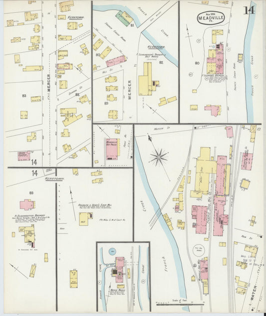 Sanborn Fire Insurance Map from Meadville, Crawford County, Pennsylvania (1896), Sheet #0014 - Historic Sanborn Fire Insurance Map Print, vintage old map wall art, antique decor, genealogy gift, Pennsylvania Pennsylvania map