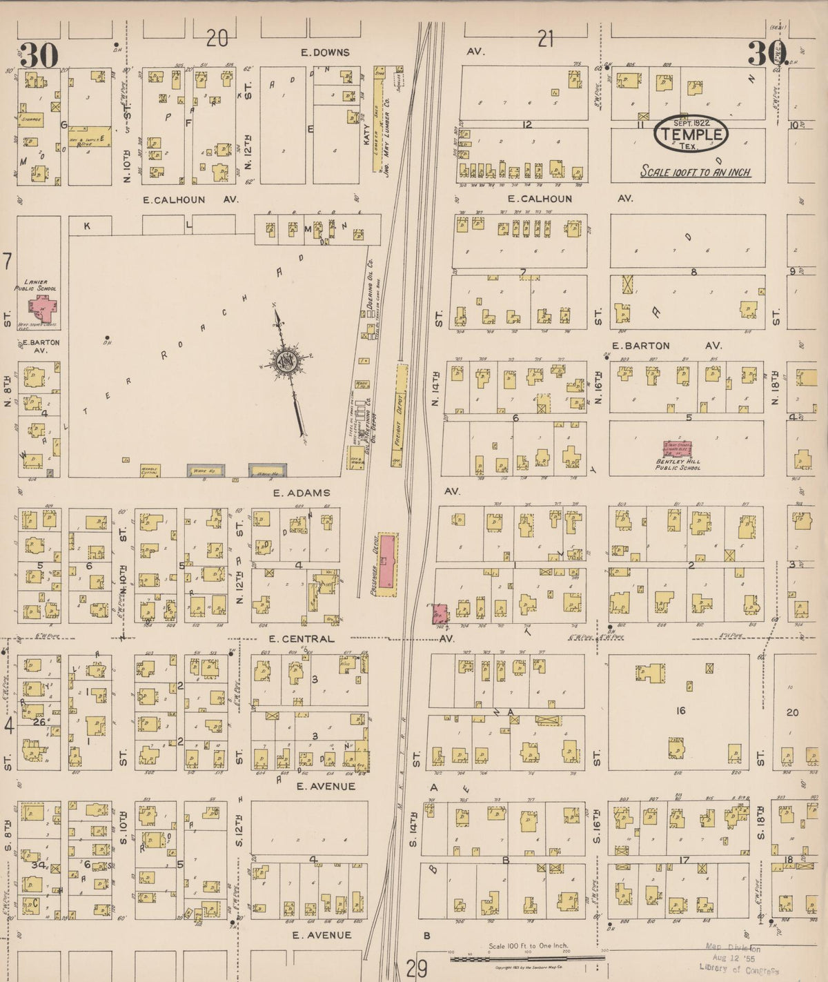 Sanborn Fire Insurance Map from Temple, Bell County, Texas (1922), Sheet #0030 - Historic Sanborn Fire Insurance Map Print, vintage old map wall art, antique decor, genealogy gift, Texas Texas map