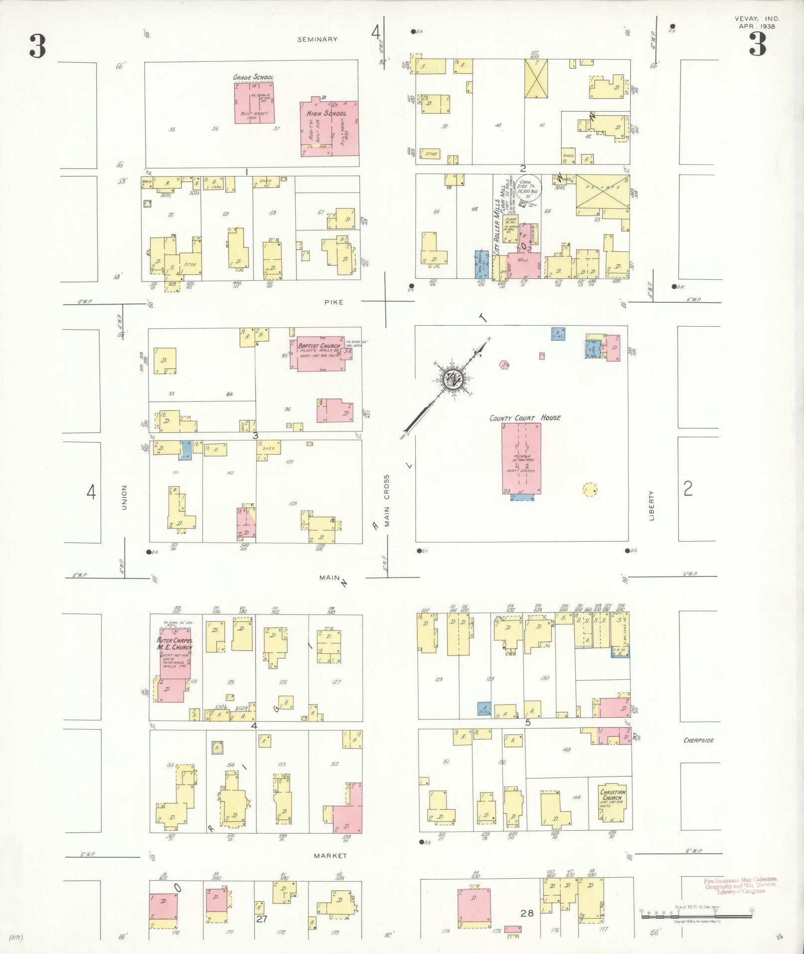 Sanborn Fire Insurance Map from Vevay, Switzerland County, Indiana (1938), Sheet #0003 - Complete Map Set gallery image, historic Sanborn map, vintage wall art, Indiana Indiana