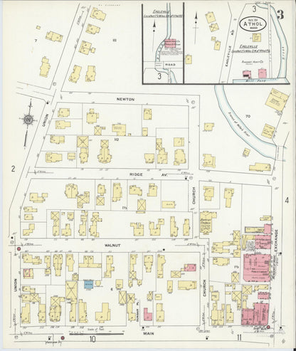 Sanborn Fire Insurance Map from Athol, Worcester County, Massachusetts (1911), Sheet #0003 - Historic Sanborn Fire Insurance Map Print, vintage old map wall art, antique decor, genealogy gift, Massachusetts Massachusetts map