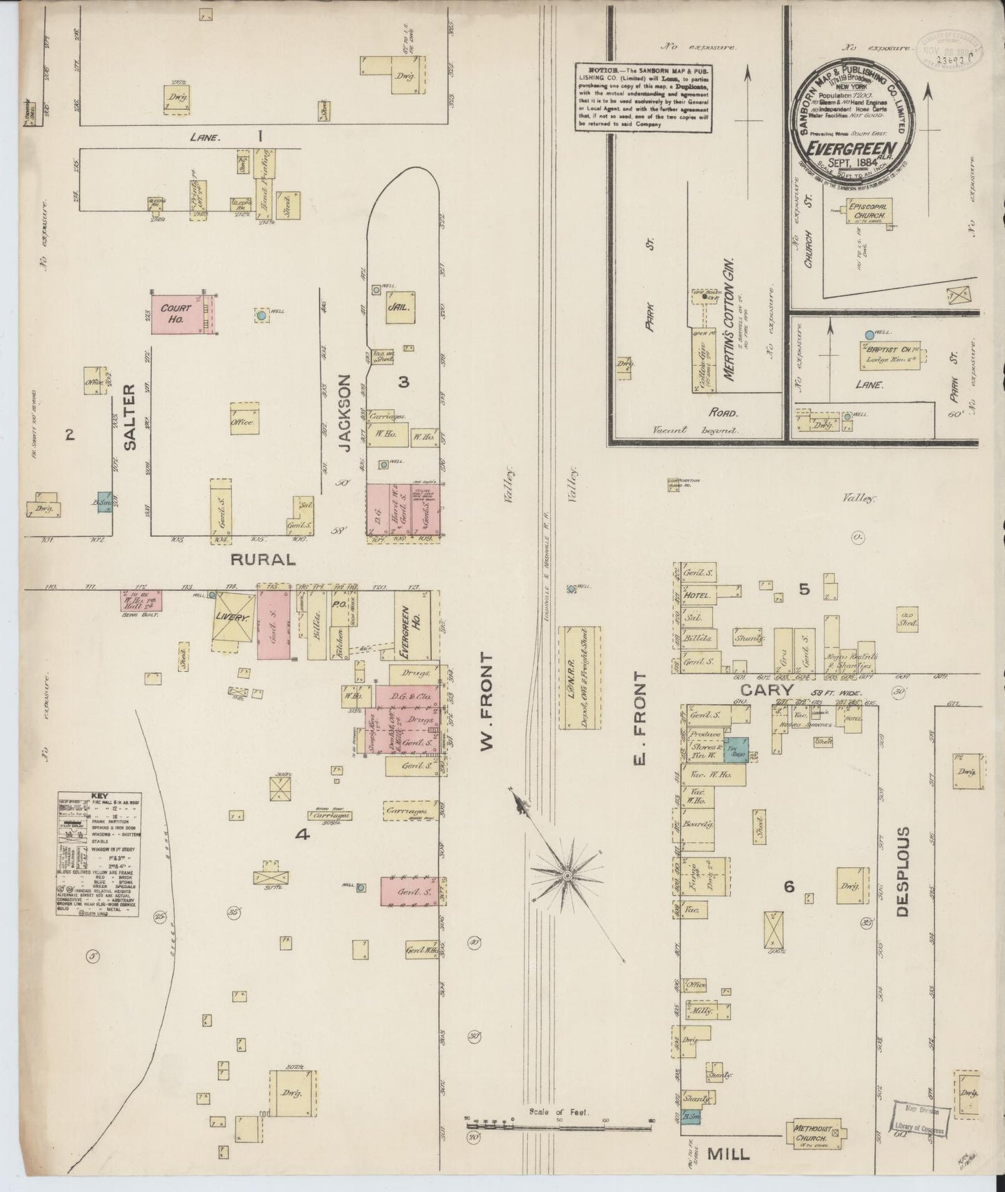Sanborn Fire Insurance Map from Evergreen, Conecuh County, Alabama (1884), Sheet #0001 - Historic Sanborn Fire Insurance Map Print, vintage old map wall art, antique decor, genealogy gift, Alabama Alabama map