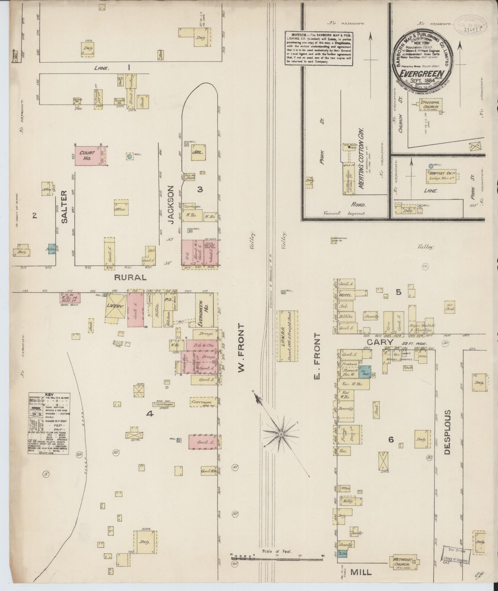Sanborn Fire Insurance Map from Evergreen, Conecuh County, Alabama (1884), Sheet #0001 - Historic Sanborn Fire Insurance Map Print, vintage old map wall art, antique decor, genealogy gift, Alabama Alabama map