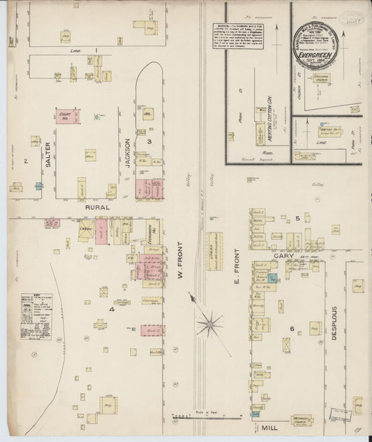 Sanborn Fire Insurance Map from Evergreen, Conecuh County, Alabama (1884), Sheet #0001 - Historic Sanborn Fire Insurance Map Print, vintage old map wall art, antique decor, genealogy gift, Alabama Alabama map