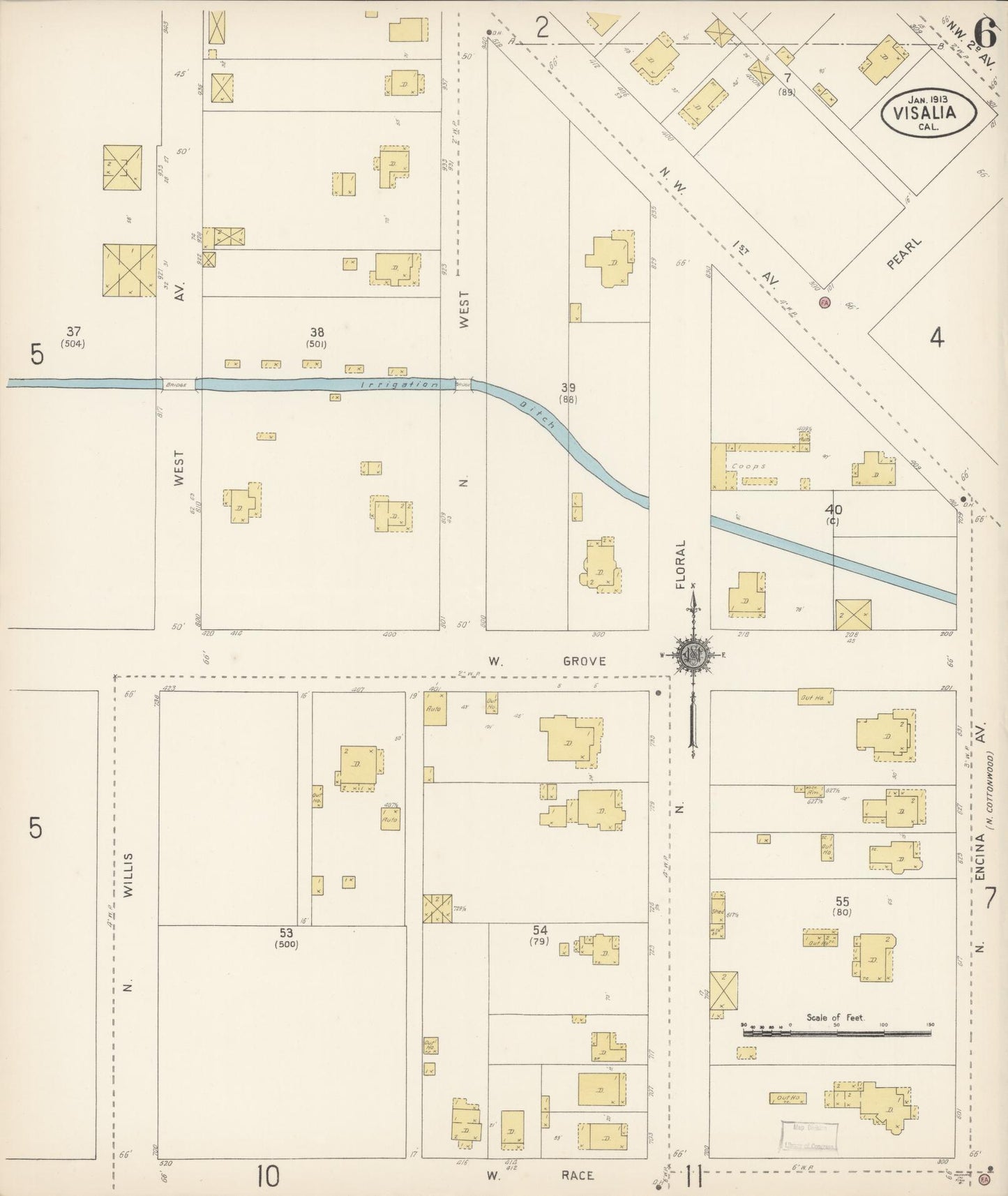 Sanborn Fire Insurance Map from Visalia, Tulare County, California (1913), Sheet #0006 - Complete Map Set gallery image, historic Sanborn map, vintage wall art, California California