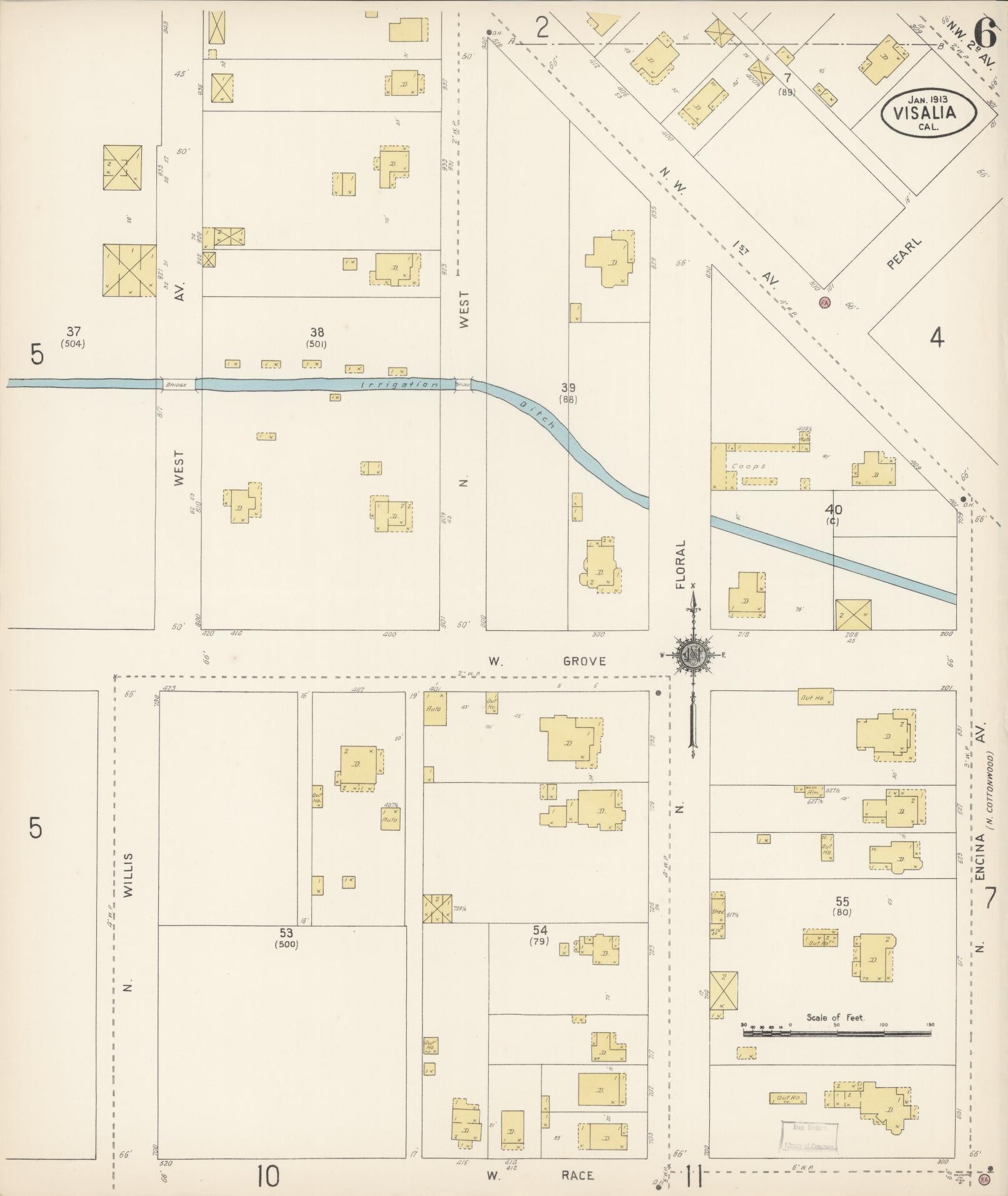 Sanborn Fire Insurance Map from Visalia, Tulare County, California (1913), Sheet #0006 - Complete Map Set gallery image, historic Sanborn map, vintage wall art, California California