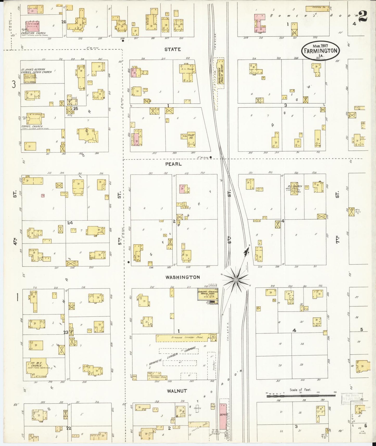 Sanborn Fire Insurance Map from Farmington, Van Buren County, Iowa (1907), Sheet #0002 - Historic Sanborn Fire Insurance Map Print, vintage old map wall art