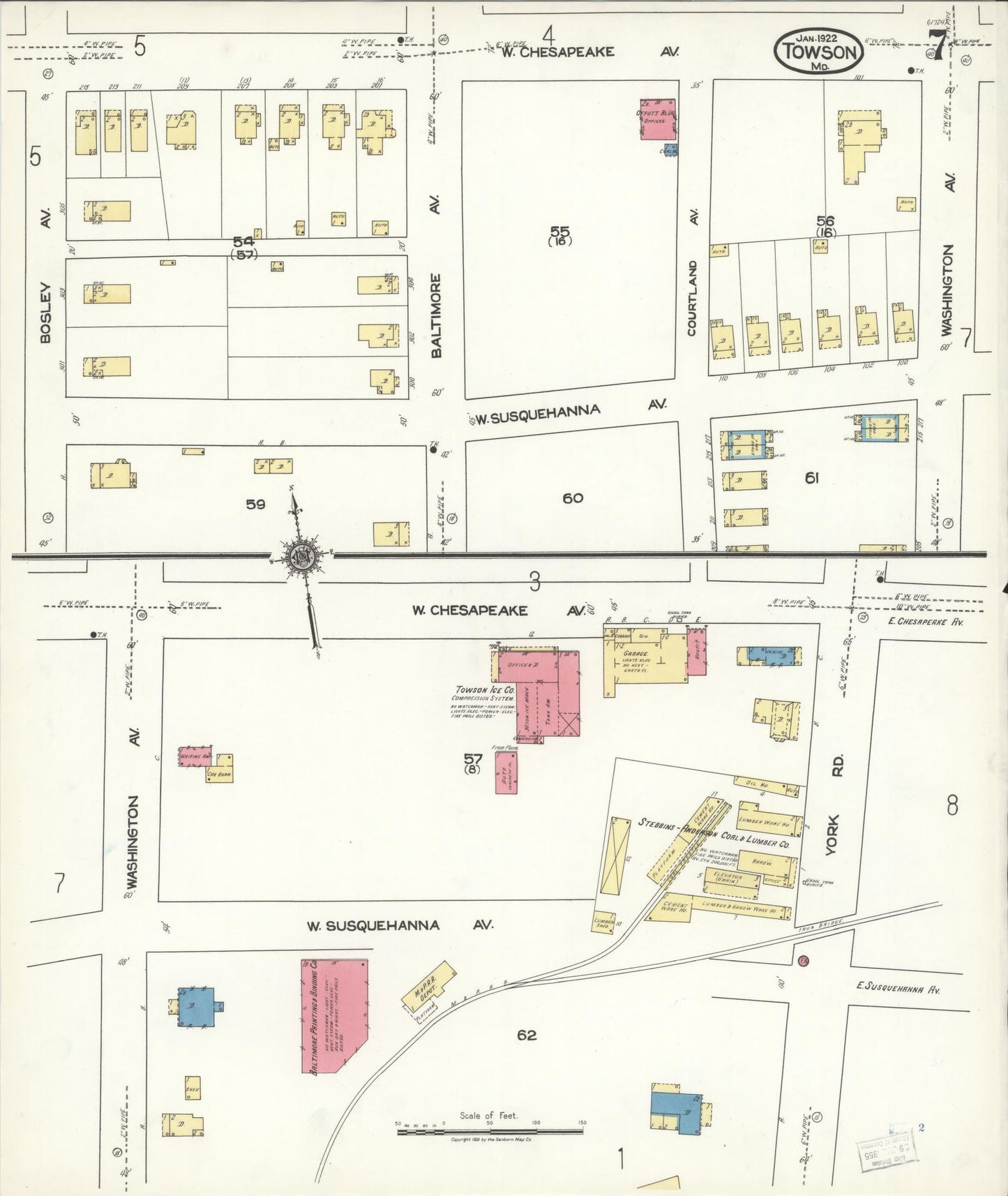 Sanborn Fire Insurance Map from Towson, Baltimore County, Maryland (1922), Sheet #0007 - Historic Sanborn Fire Insurance Map Print, vintage old map wall art
