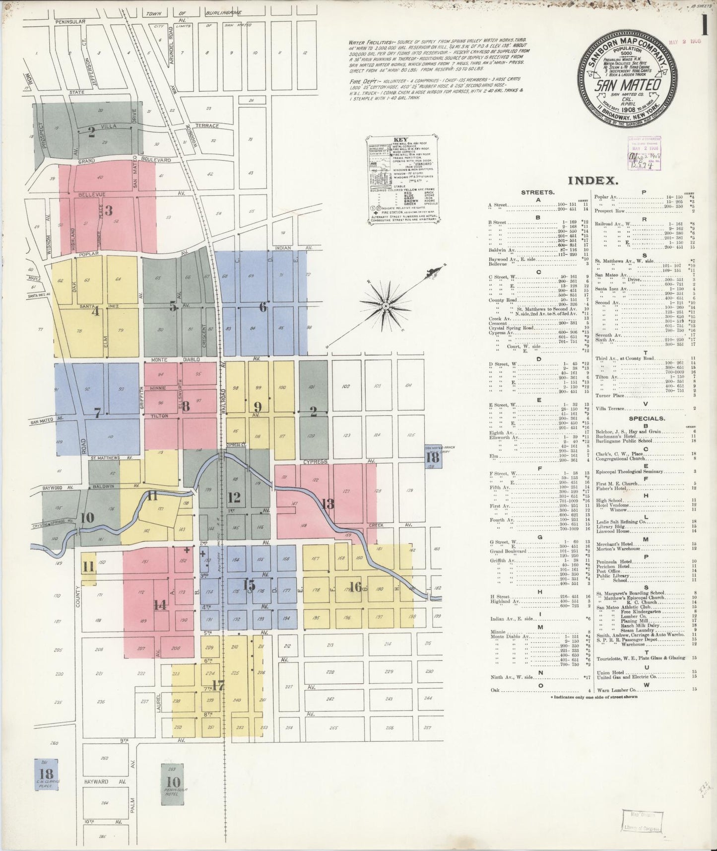 Sanborn Fire Insurance Map from San Mateo, San Mateo County, California (1908), Sheet #0001 - Complete Map Set gallery image, historic Sanborn map, vintage wall art, California California