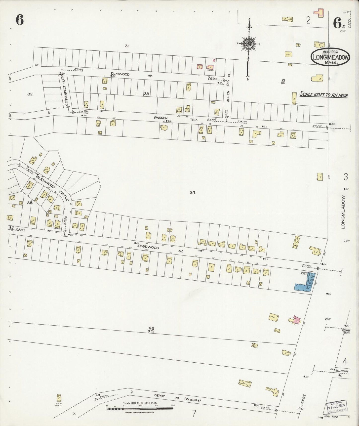 Sanborn Fire Insurance Map from Longmeadow, Hampden County, Massachusetts (1924), Sheet #0006 - Historic Sanborn Fire Insurance Map Print, vintage old map wall art, antique decor, genealogy gift, Massachusetts Massachusetts map