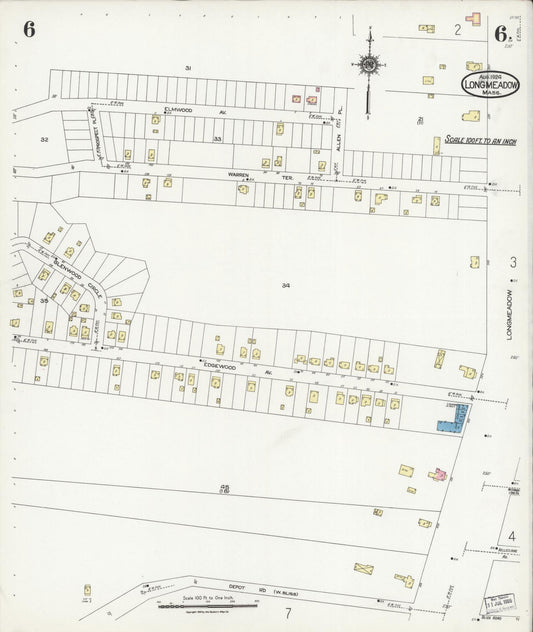 Sanborn Fire Insurance Map from Longmeadow, Hampden County, Massachusetts (1924), Sheet #0006 - Historic Sanborn Fire Insurance Map Print, vintage old map wall art, antique decor, genealogy gift, Massachusetts Massachusetts map