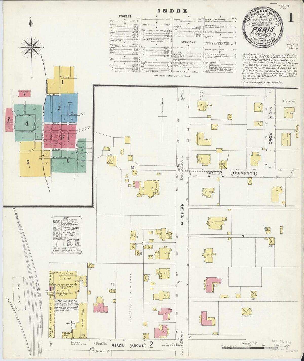 Sanborn Fire Insurance Map from Paris, Henry County, Tennessee (1907), Sheet #0001 - Historic Sanborn Fire Insurance Map Print, vintage old map wall art, antique decor, genealogy gift, Tennessee Tennessee map