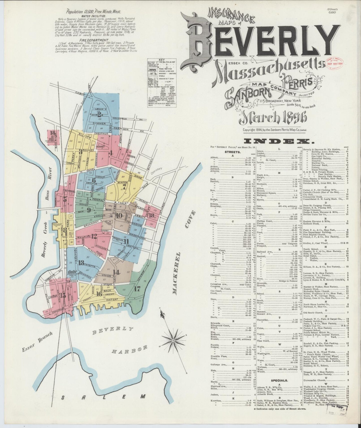 Sanborn Fire Insurance Map from Beverly, Essex County, Massachusetts (1896), Sheet #0001 - Complete Map Set gallery image, historic Sanborn map, vintage wall art, Massachusetts Massachusetts