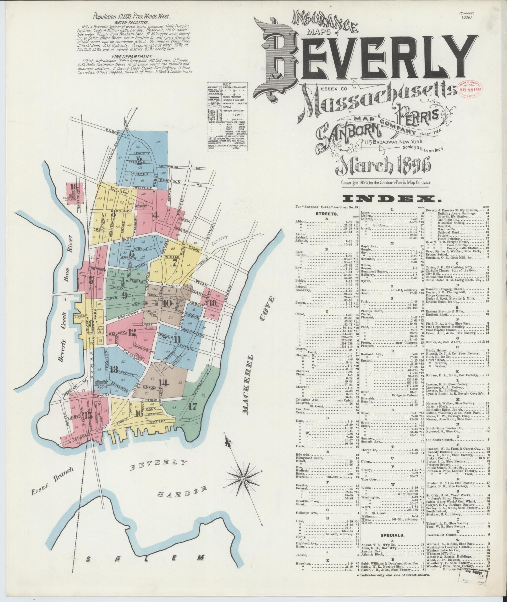 Sanborn Fire Insurance Map from Beverly, Essex County, Massachusetts (1896), Sheet #0001 - Complete Map Set gallery image, historic Sanborn map, vintage wall art, Massachusetts Massachusetts