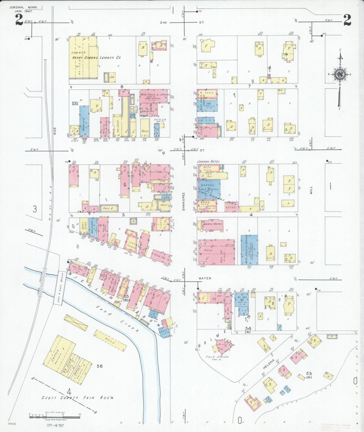 Sanborn Fire Insurance Map from Jordan, Scott County, Minnesota (1947), Sheet #0002 - Historic Sanborn Fire Insurance Map Print, vintage old map wall art, antique decor, genealogy gift, Minnesota Minnesota map