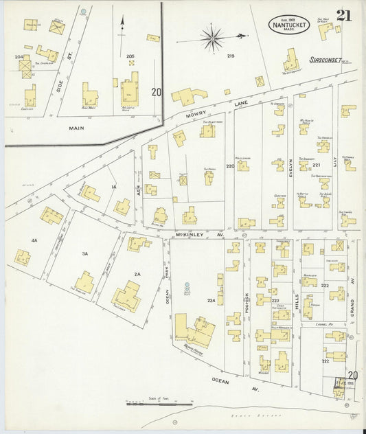 Sanborn Fire Insurance Map from Nantucket, Nantucket County, Massachusetts (1909), Sheet #0021 - Historic Sanborn Fire Insurance Map Print, vintage old map wall art, antique decor, genealogy gift, Massachusetts Massachusetts map