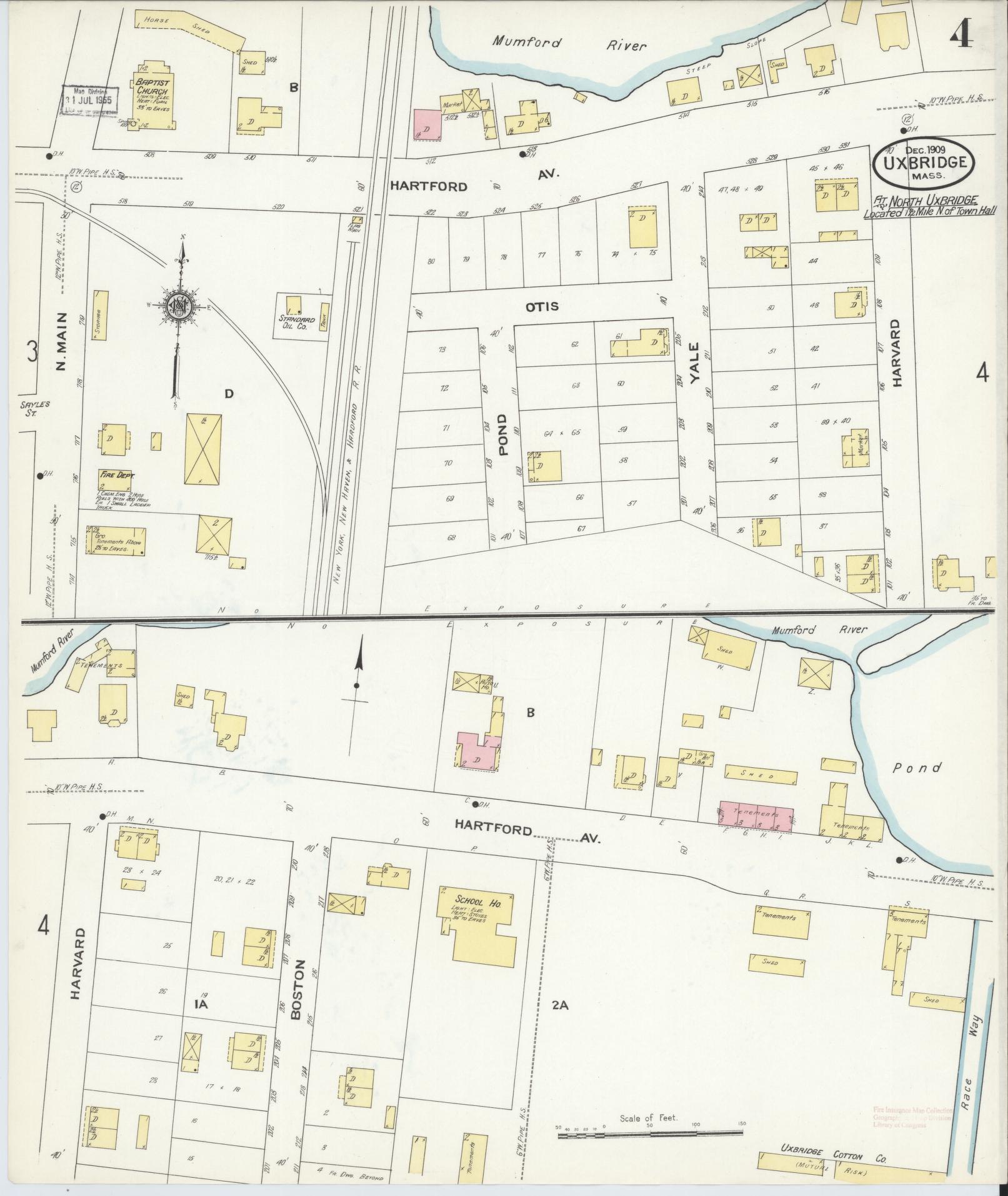 Sanborn Fire Insurance Map from Uxbridge, Worcester County, Massachusetts (1909), Sheet #0004 - Historic Sanborn Fire Insurance Map Print, vintage old map wall art, antique decor, genealogy gift, Massachusetts Massachusetts map