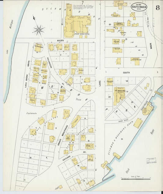 Sanborn Fire Insurance Map from South Haven, Van Buren County, Michigan (1902), Sheet #0008 - Historic Sanborn Fire Insurance Map Print, vintage old map wall art, antique decor, genealogy gift, Michigan Michigan map
