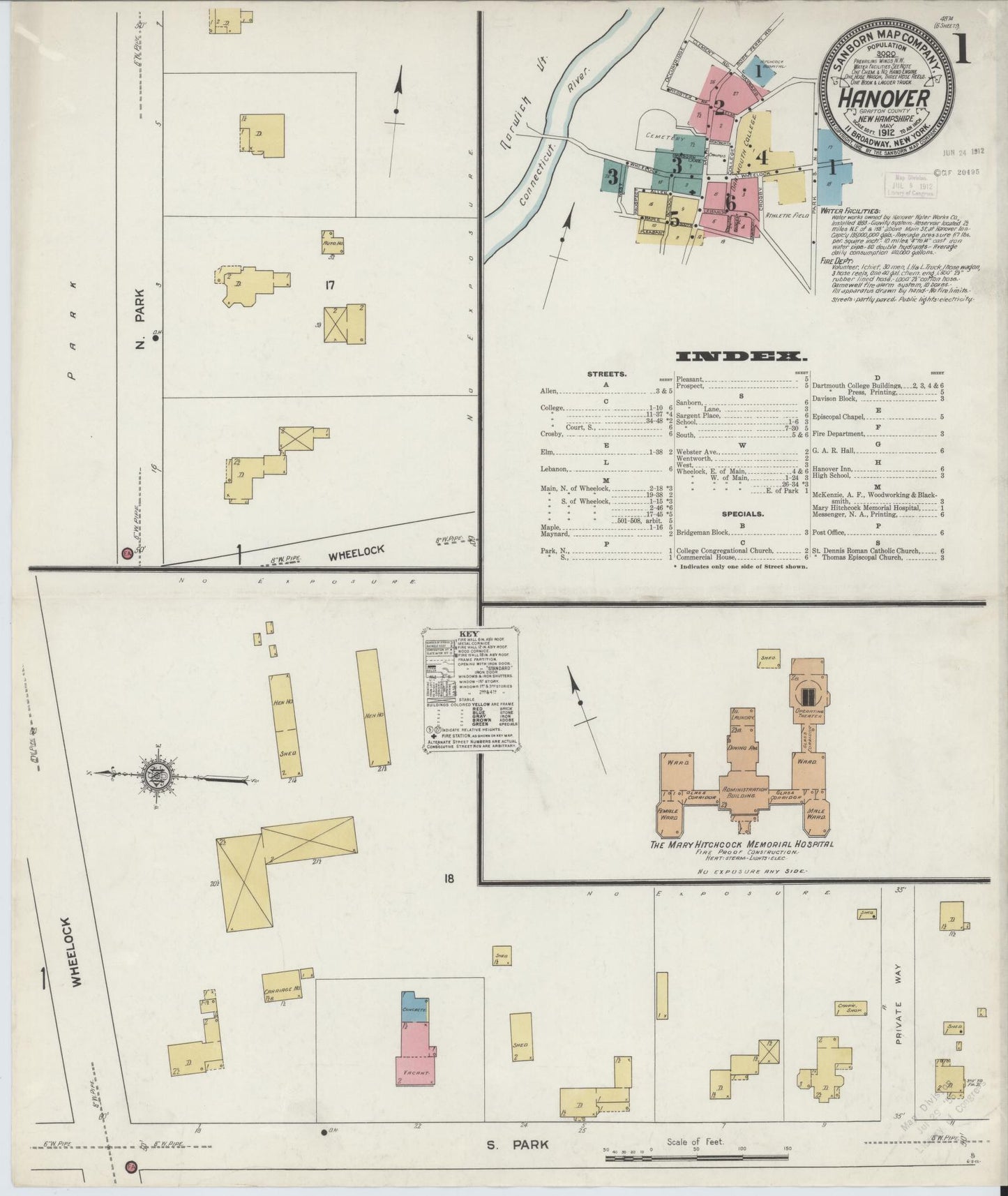 Sanborn Fire Insurance Map from Hanover, Grafton County, New Hampshire (1912), Sheet #0001 - Historic Sanborn Fire Insurance Map Print, vintage old map wall art, antique decor, genealogy gift, New Hampshire New Hampshire map
