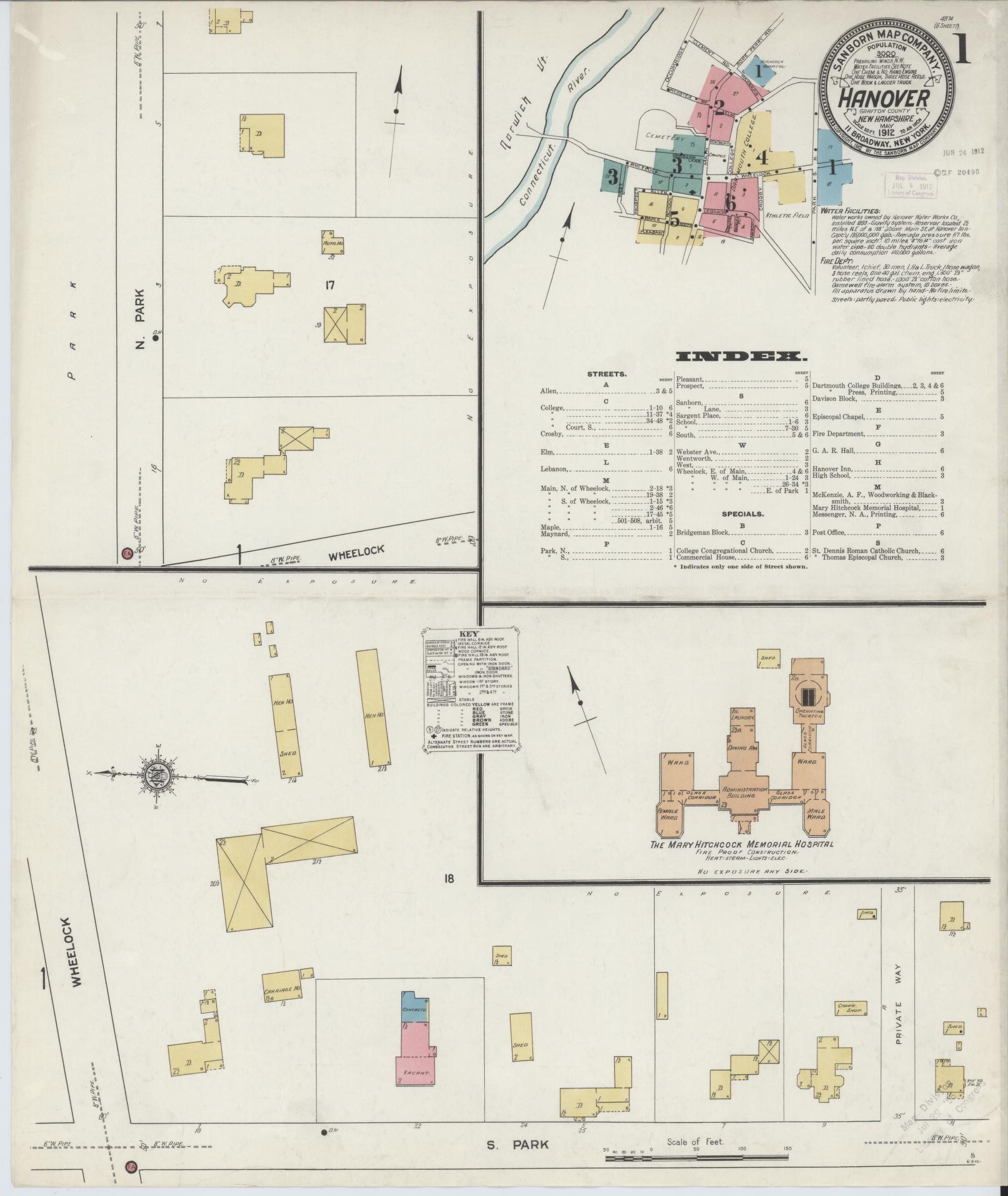Sanborn Fire Insurance Map from Hanover, Grafton County, New Hampshire (1912), Sheet #0001 - Historic Sanborn Fire Insurance Map Print, vintage old map wall art, antique decor, genealogy gift, New Hampshire New Hampshire map