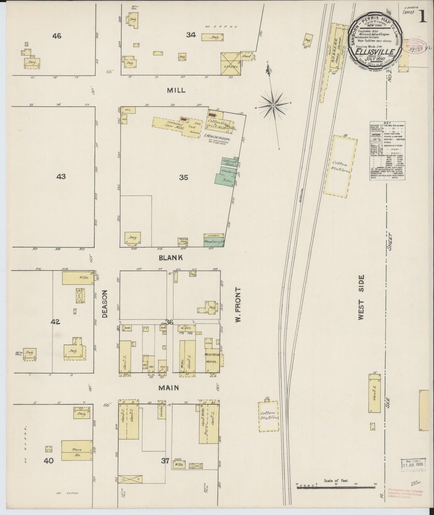 Sanborn Fire Insurance Map from Ellisville, Jones County, Mississippi (1890), Sheet #0001 - Historic Sanborn Fire Insurance Map Print, vintage old map wall art, antique decor, genealogy gift, Mississippi Mississippi map