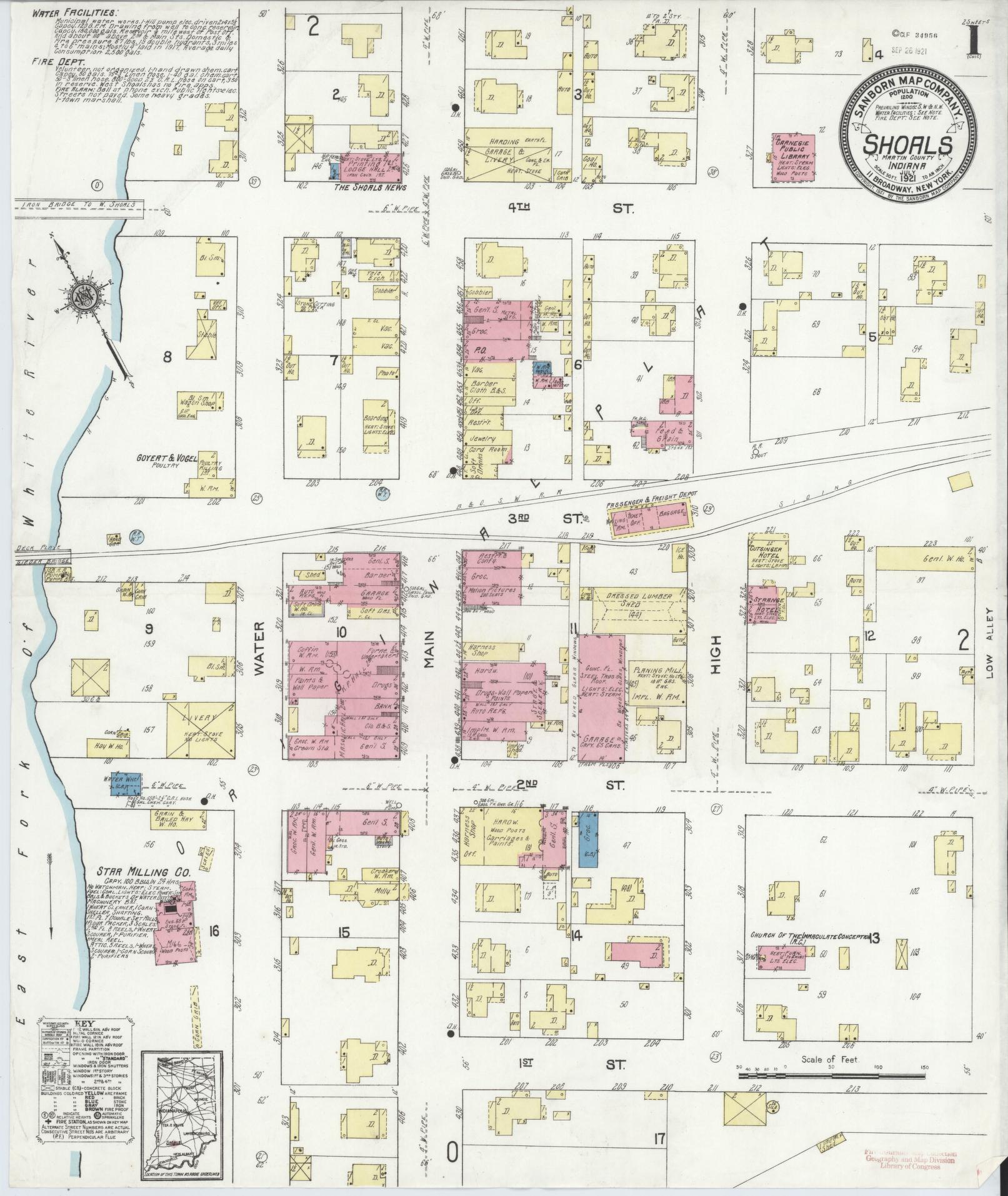 Sanborn Fire Insurance Map from Shoals, Martin County, Indiana (1921), Sheet #0001 - Complete Map Set gallery image, historic Sanborn map, vintage wall art, Indiana Indiana