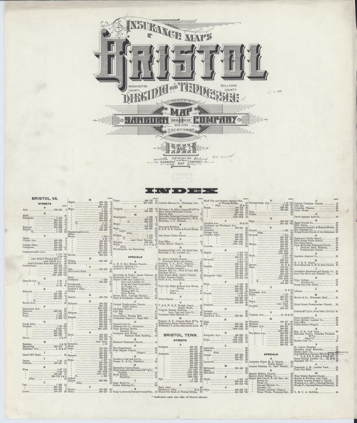 Sanborn Fire Insurance Map from Bristol, Sullivan County, Tennessee (1913), Sheet #0001 - Historic Sanborn Fire Insurance Map Print, vintage old map wall art, antique decor, genealogy gift, Tennessee Tennessee map