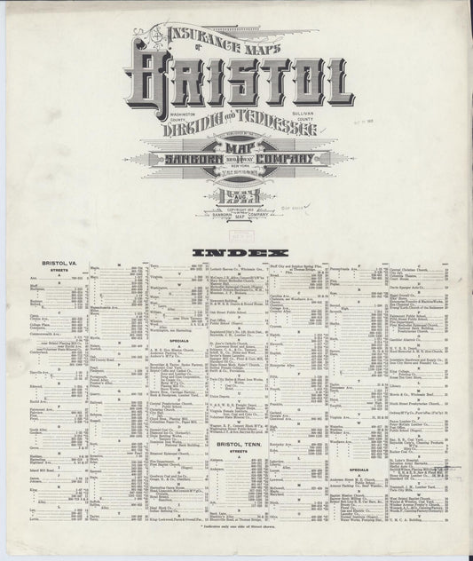 Sanborn Fire Insurance Map from Bristol, Sullivan County, Tennessee (1913), Sheet #0001 - Historic Sanborn Fire Insurance Map Print, vintage old map wall art, antique decor, genealogy gift, Tennessee Tennessee map
