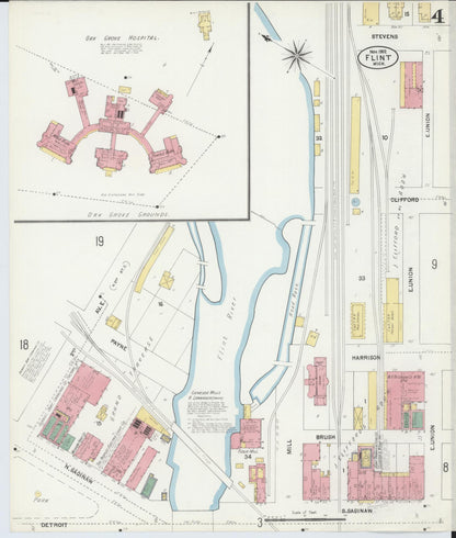 Sanborn Fire Insurance Map from Flint, Genesee County, Michigan (1902), Sheet #0004 - Historic Sanborn Fire Insurance Map Print, vintage old map wall art, antique decor, genealogy gift, Michigan Michigan map