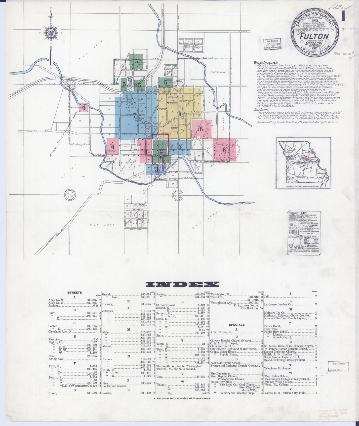 Sanborn Fire Insurance Map from Fulton, Callaway County, Missouri (1917), Sheet #0001 - Complete Map Set gallery image, historic Sanborn map, vintage wall art, Missouri Missouri