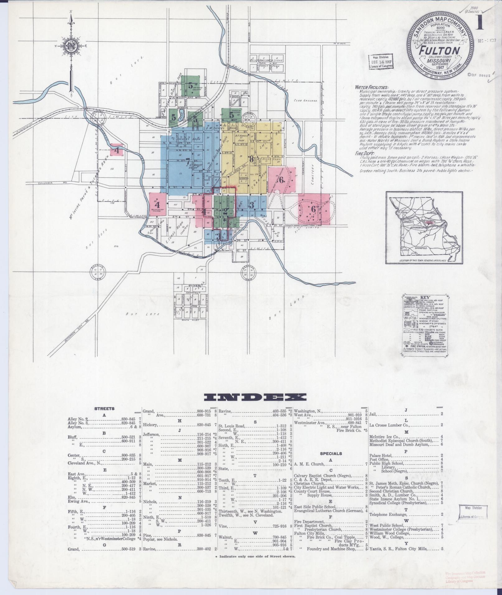 Sanborn Fire Insurance Map from Fulton, Callaway County, Missouri (1917), Sheet #0001 - Complete Map Set gallery image, historic Sanborn map, vintage wall art, Missouri Missouri