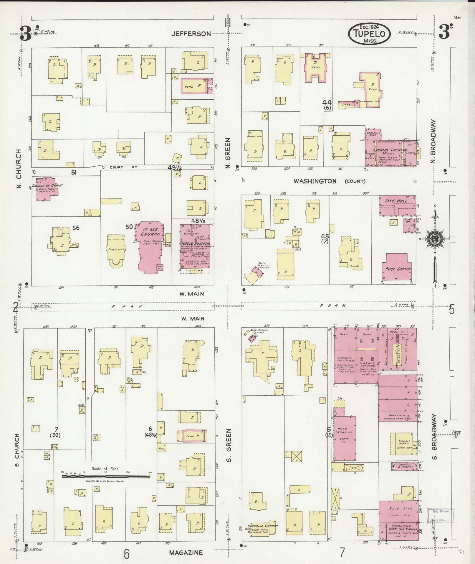 Sanborn Fire Insurance Map from Tupelo, Lee County, Mississippi (1924), Sheet #0003 - Complete Map Set gallery image, historic Sanborn map, vintage wall art, Mississippi Mississippi