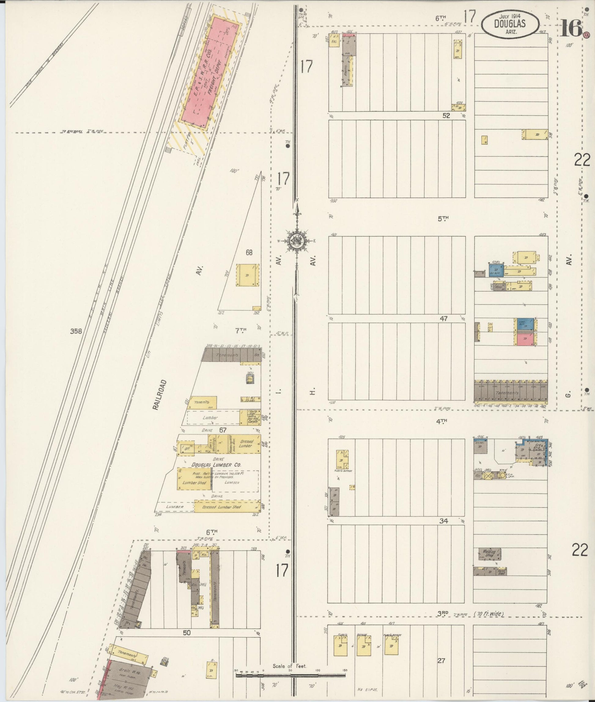 Sanborn Fire Insurance Map from Douglas, Cochise County, Arizona (1914), Sheet #0016 - Historic Sanborn Fire Insurance Map Print, vintage old map wall art, antique decor, genealogy gift, Arizona Arizona map