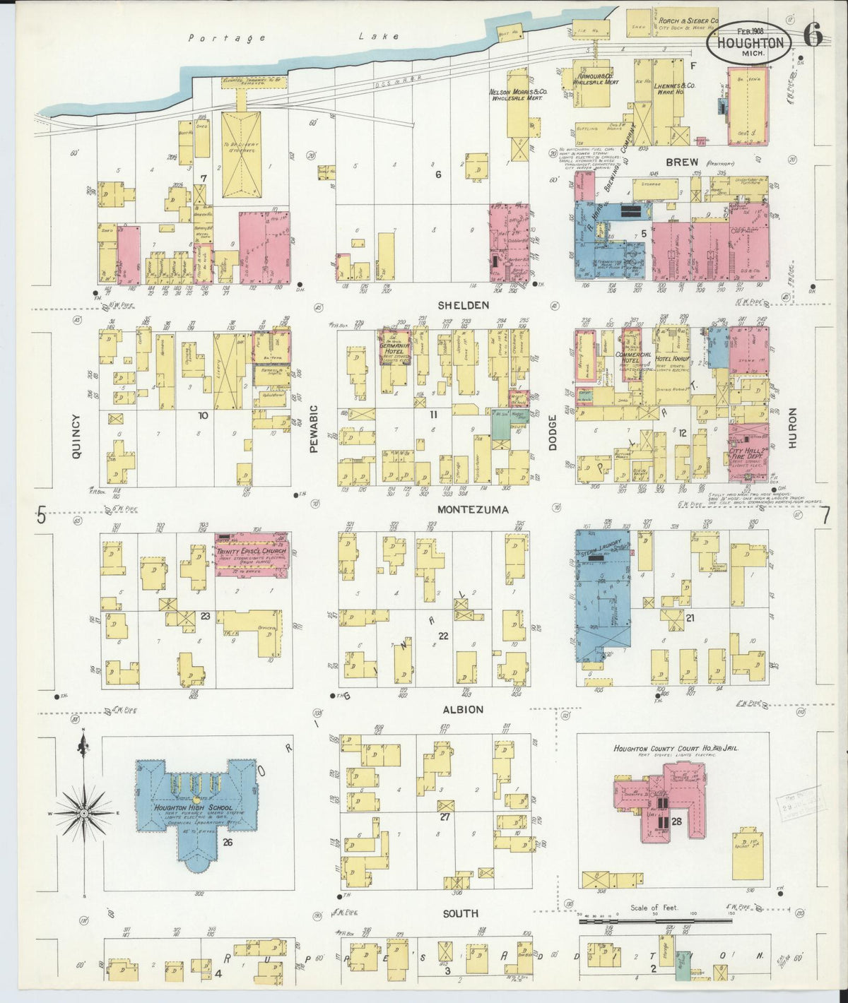 Sanborn Fire Insurance Map from Houghton, Houghton County, Michigan (1908), Sheet #0006 - Historic Sanborn Fire Insurance Map Print, vintage old map wall art, antique decor, genealogy gift, Michigan Michigan map