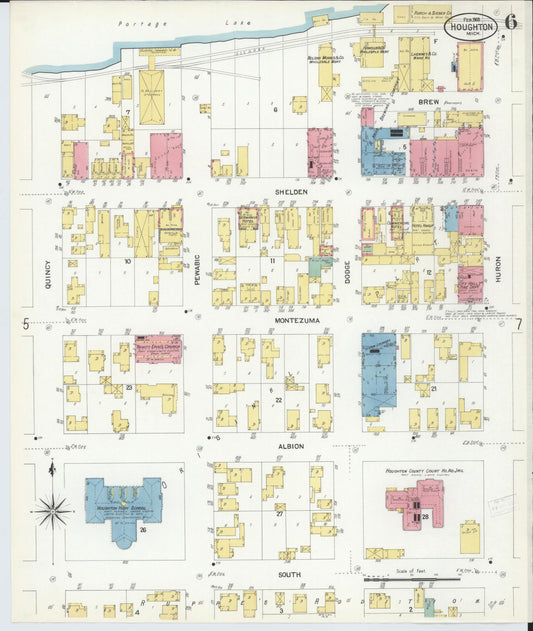 Sanborn Fire Insurance Map from Houghton, Houghton County, Michigan (1908), Sheet #0006 - Historic Sanborn Fire Insurance Map Print, vintage old map wall art, antique decor, genealogy gift, Michigan Michigan map