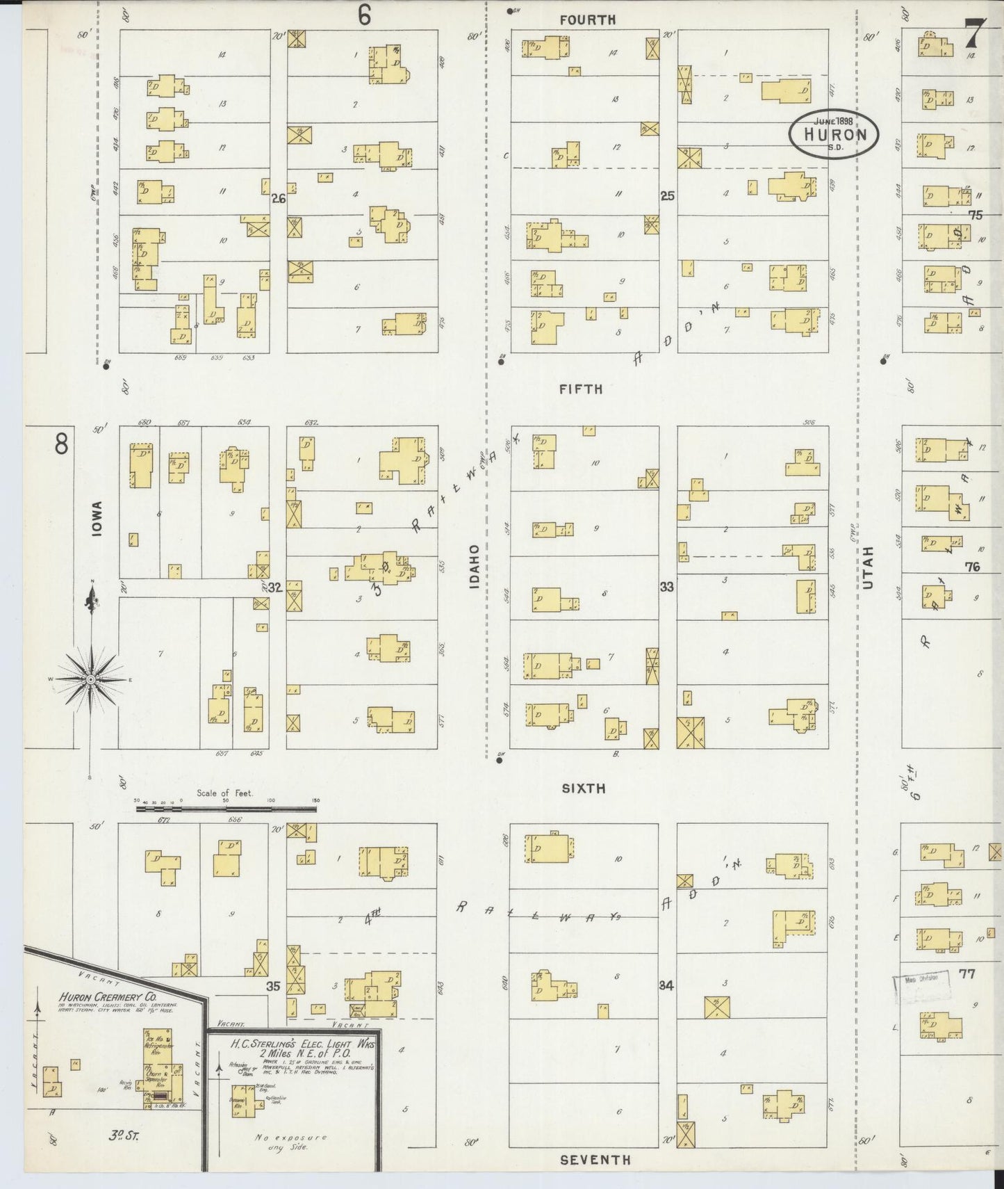 Sanborn Fire Insurance Map from Huron, Beadle County, South Dakota (1898), Sheet #0007 - Historic Sanborn Fire Insurance Map Print, vintage old map wall art, antique decor, genealogy gift, South Dakota South Dakota map