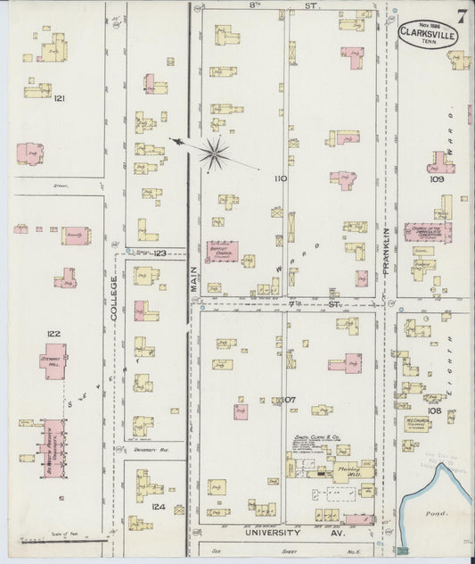 Sanborn Fire Insurance Map from Clarksville, Montgomery County, Tennessee (1888), Sheet #0007 - Historic Sanborn Fire Insurance Map Print, vintage old map wall art, antique decor, genealogy gift, Tennessee Tennessee map