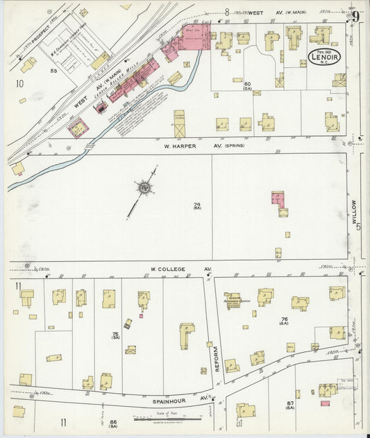 Sanborn Fire Insurance Map from Lenoir, Caldwell County, North Carolina (1921), Sheet #0009 - Historic Sanborn Fire Insurance Map Print, vintage old map wall art, antique decor, genealogy gift, North Carolina North Carolina map