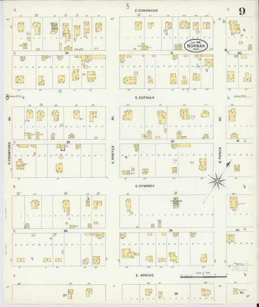 Sanborn Fire Insurance Map from Norman, Cleveland County, Oklahoma (1908), Sheet #0009 - Historic Sanborn Fire Insurance Map Print, vintage old map wall art, antique decor, genealogy gift, Oklahoma Oklahoma map