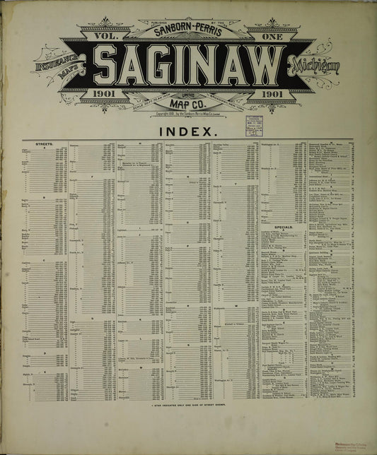 Sanborn Fire Insurance Map from Saginaw, Saginaw County, Michigan (1901), Sheet #0001 - Historic Sanborn Fire Insurance Map Print, vintage old map wall art, antique decor, genealogy gift, Michigan Michigan map