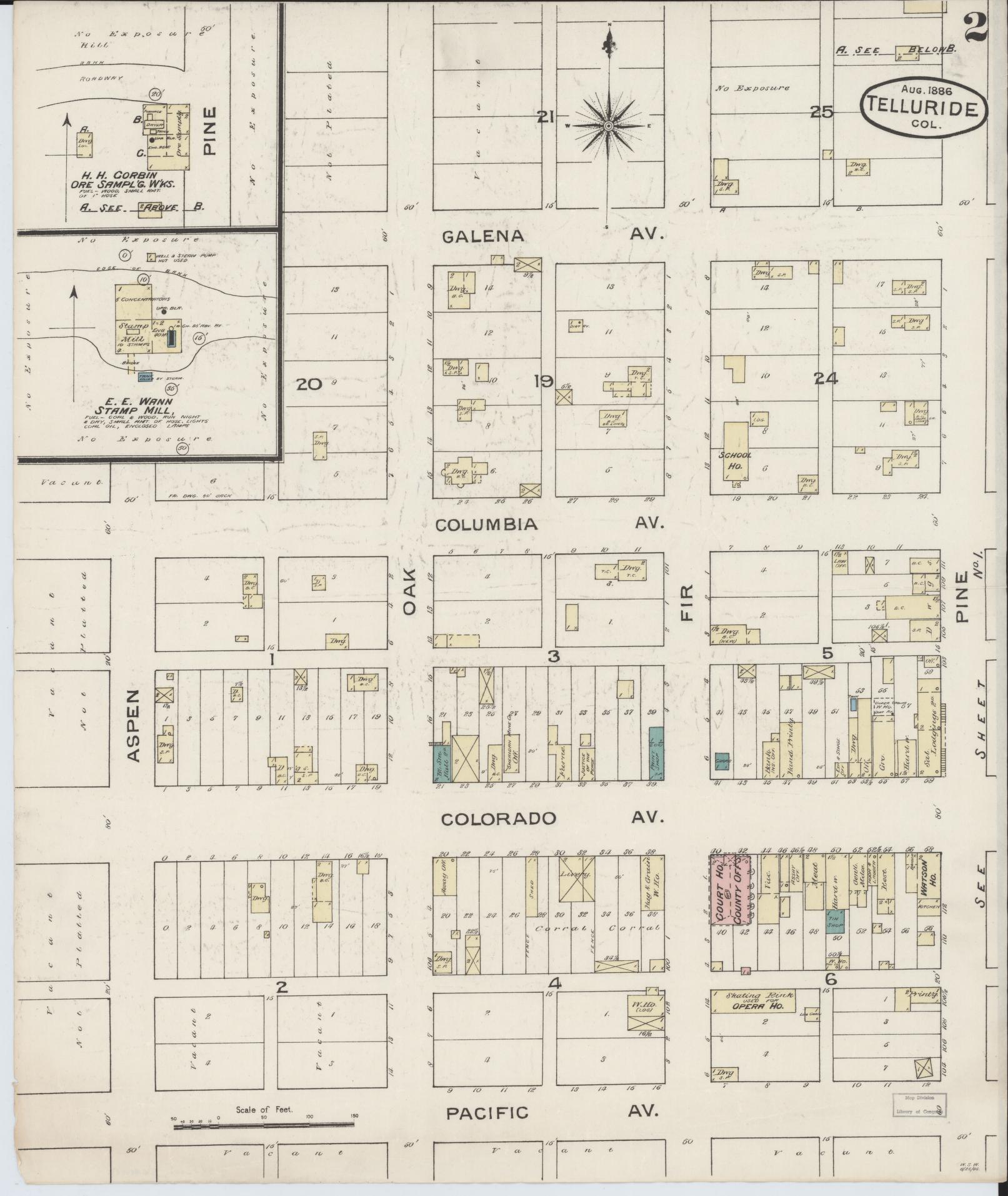 Sanborn Fire Insurance Map from Telluride, San Miguel County, Colorado (1886), Sheet #0002 - Historic Sanborn Fire Insurance Map Print, vintage old map wall art, antique decor, genealogy gift, Colorado Colorado map