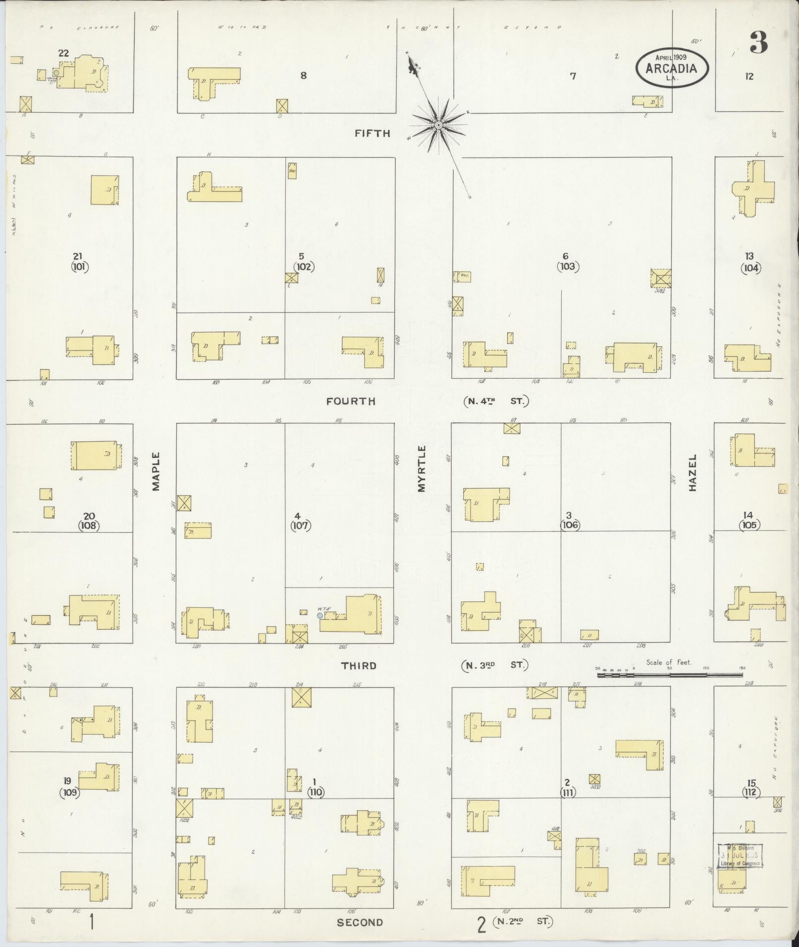 Sanborn Fire Insurance Map from Arcadia, Bienville Parish, Louisiana (1909), Sheet #0003 - Complete Map Set gallery image, historic Sanborn map, vintage wall art, Louisiana Louisiana