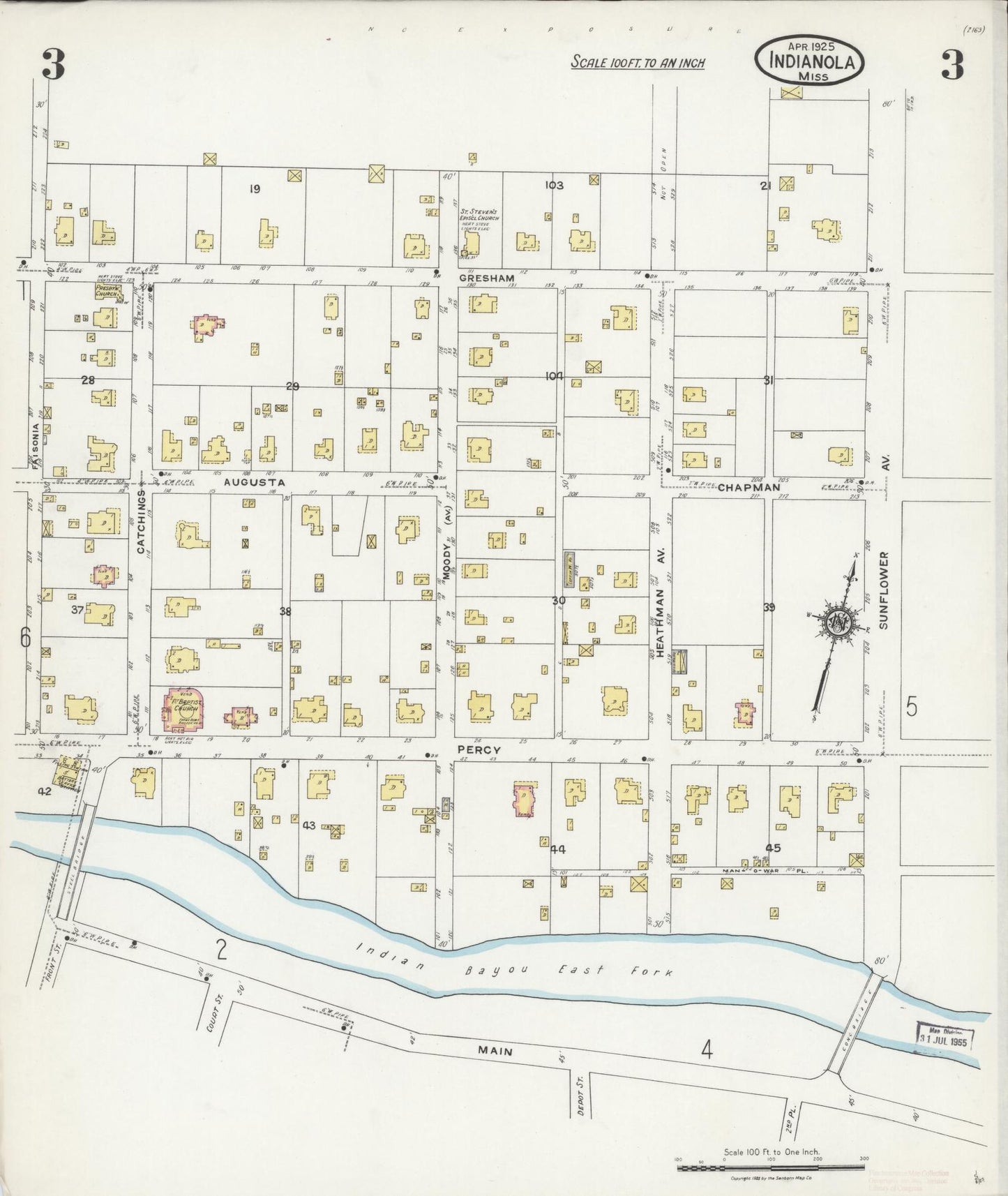 Sanborn Fire Insurance Map from Indianola, Sunflower County, Mississippi (1925), Sheet #0003 - Historic Sanborn Fire Insurance Map Print, vintage old map wall art, antique decor, genealogy gift, Mississippi Mississippi map