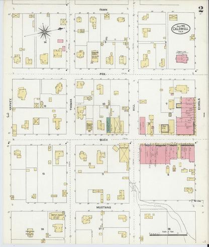 Sanborn Fire Insurance Map from Caldwell, Burleson County, Texas (1906), Sheet #0002 - Historic Sanborn Fire Insurance Map Print, vintage old map wall art, antique decor, genealogy gift, Texas Texas map