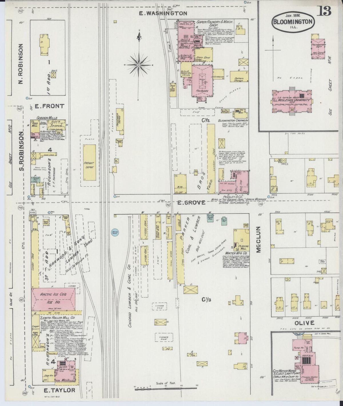 Sanborn Fire Insurance Map from Bloomington, McLean County, Illinois (1892), Sheet #0013 - Historic Sanborn Fire Insurance Map Print, vintage old map wall art, antique decor, genealogy gift, Illinois Illinois map