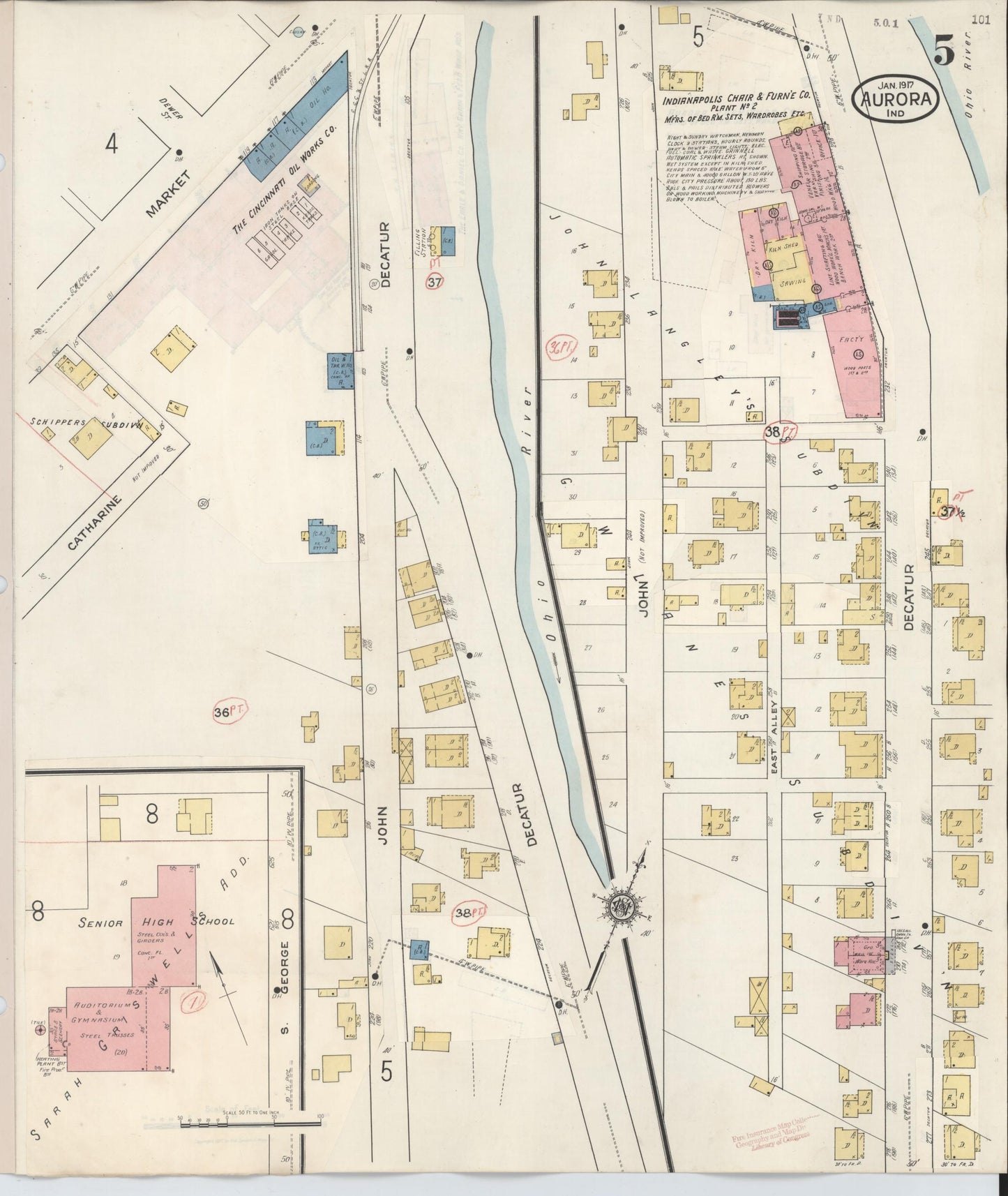 Sanborn Fire Insurance Map from Aurora, Dearborn County, Indiana (1935), Sheet #0005 - Historic Sanborn Fire Insurance Map Print, vintage old map wall art, antique decor, genealogy gift, Indiana Indiana map