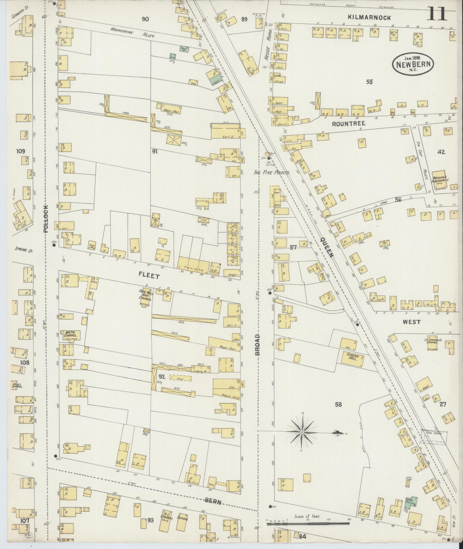 Sanborn Fire Insurance Map from New Bern, Craven County, North Carolina (1898), Sheet #0011 - Complete Map Set gallery image, historic Sanborn map, vintage wall art, North Carolina North Carolina